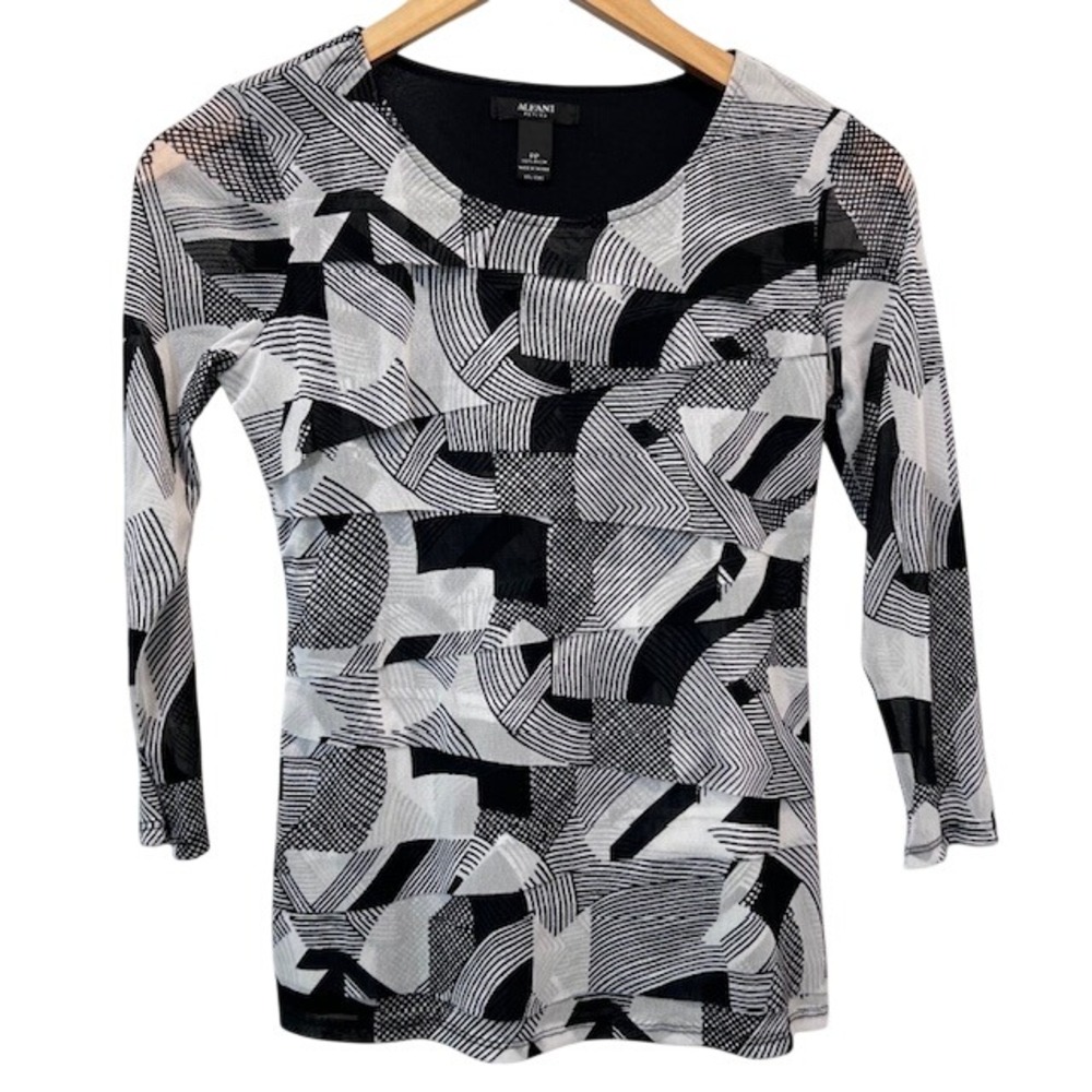 NWT Alfani Retro Arch Mesh Top Black White Abstract Geometric Womens  Size PP
